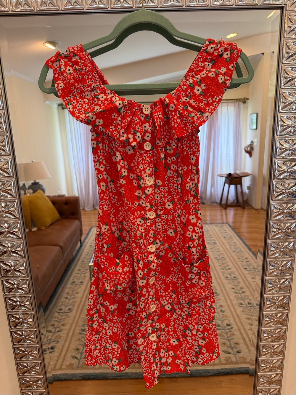 Red Floral Mini Dress with Ruffle Neckline